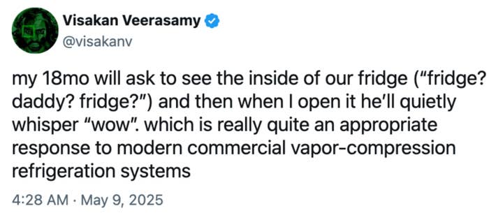 Tweet about a toddler being amazed by seeing inside a fridge, highlighting the fascination with modern refrigeration technology