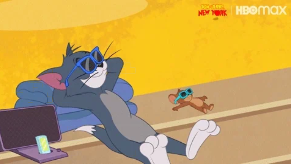 Tom and Jerry relax on the floor, wearing sunglasses, with a laid-back vibe