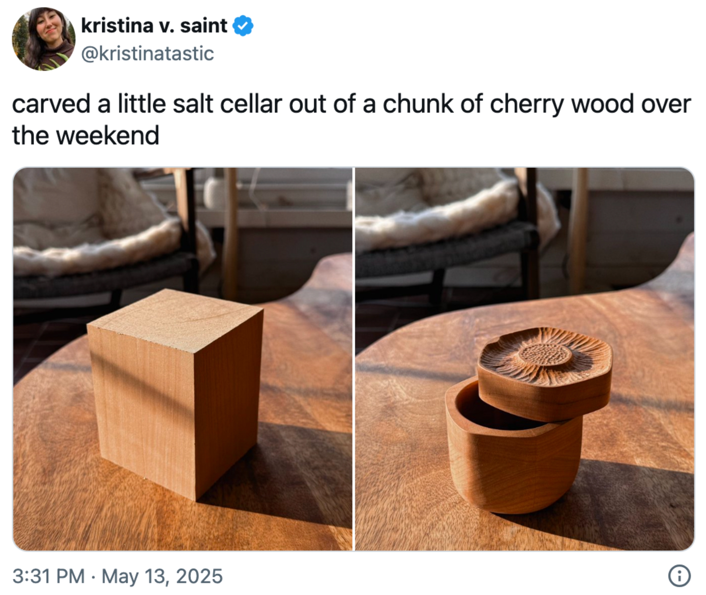 Two photos show a cherry wood salt cellar: one as a cube, the other with a lid featuring intricate carving. Caption notes it was handmade over a weekend
