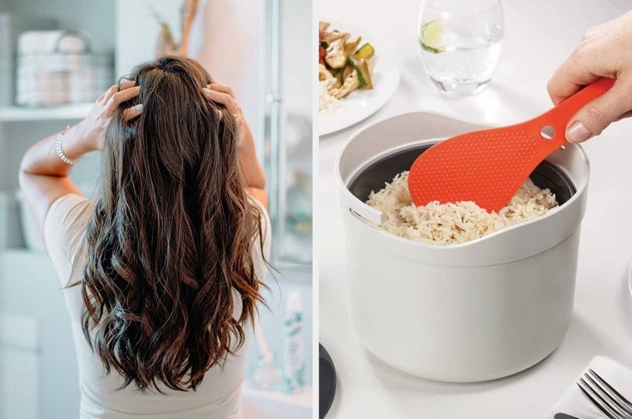 Person holding head in frustration next to a rice cooker with a serving spoon, highlighting kitchen stress relief