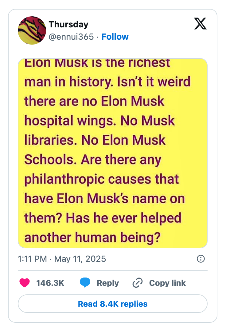Text questioning Elon Musk's philanthropic contributions, highlighting absence of hospitals, libraries, and schools in his name