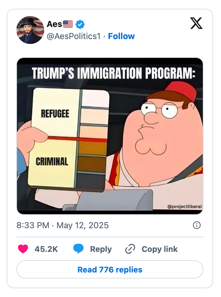 Cartoon character holding color chart labeled "Refugee" and "Criminal," referencing a satirical take on Trump's immigration program