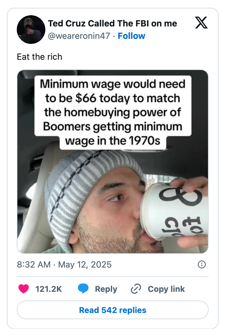 A man in a beanie sips from a cup in a car. Overlay text: "Minimum wage would need to be $66 today to match Boomers' 1970s homebuying power."