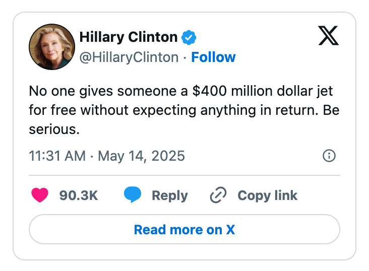 Tweet from Hillary Clinton questioning the free gifting of a $400 million jet, suggesting expectations in return