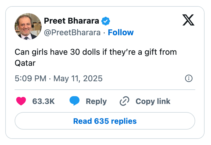 Tweet by user asking if girls can have 30 dolls if they're a gift from Qatar