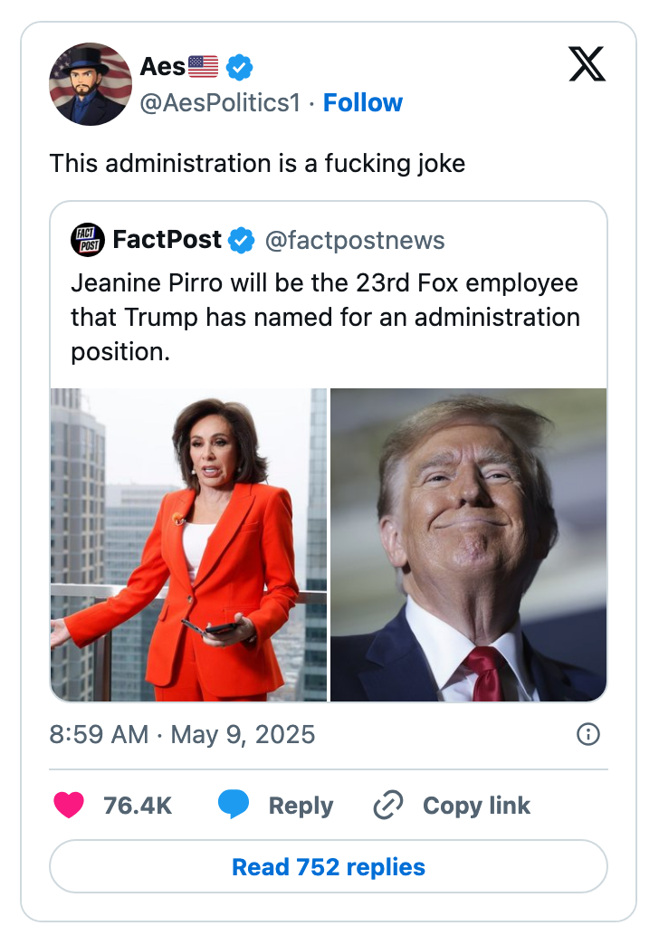 Tweet criticizing a political administration features an image of Jeanine Pirro and a smiling man in a suit