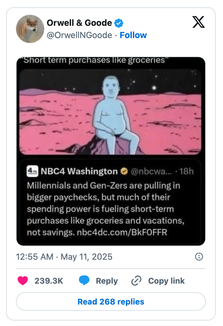 Meme depicting an alien sitting on a rock, highlighted text reads: Millennials and Gen-Zers spending on short-term purchases like groceries, not savings