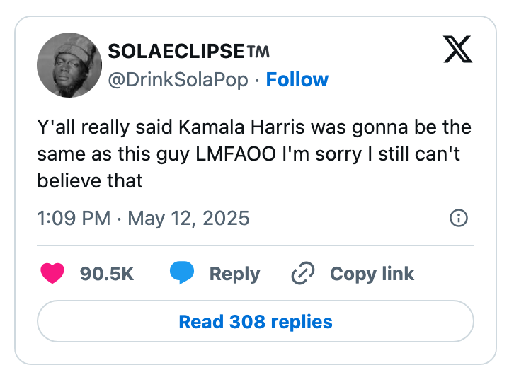 Tweet by user @DrinkSolaPop expressing disbelief that people thought Kamala Harris and another person would be similar