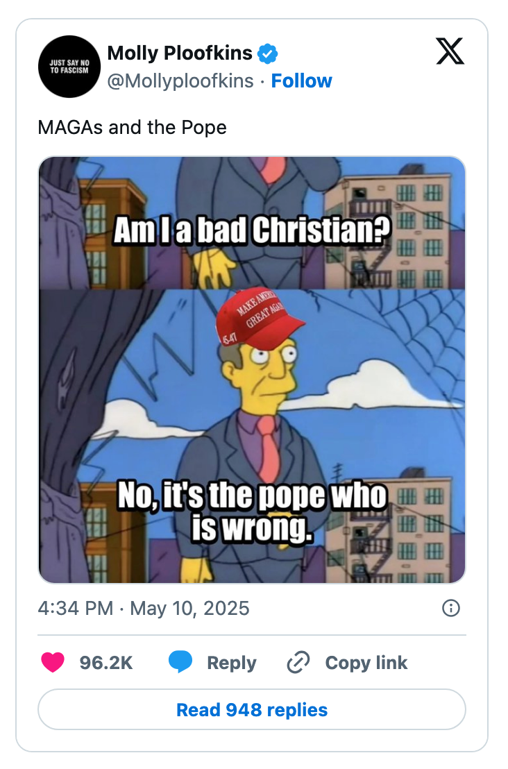 Screenshot of a tweet featuring a "Simpsons" meme. It shows a character with a MAGA hat, questioning if they are a bad Christian, then blaming the Pope