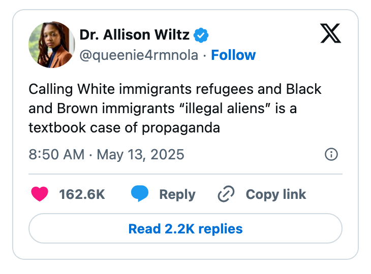 Tweet by Dr. Allison Wiltz: Critiques language differentiating White immigrants as "refugees" and Black and Brown as "illegal aliens" as propaganda