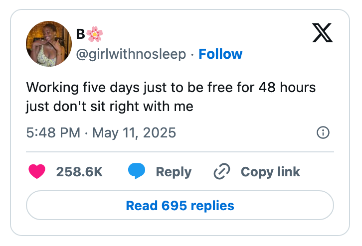 Tweet by user @girlwithnosleep: "Working five days just to be free for 48 hours just don't sit right with me," posted on May 11, 2025, with 258.6K likes