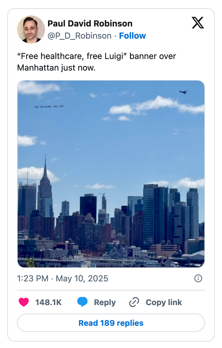 Plane pulls "Free healthcare, free Luigi" banner over Manhattan skyline