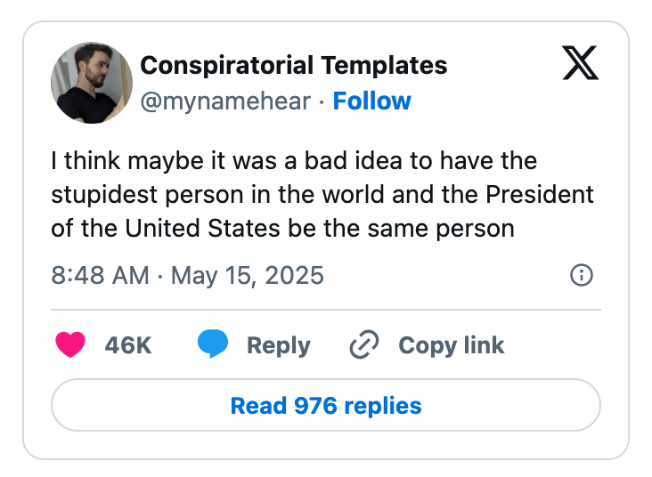 Screenshot of a social media post: "I think maybe it was a bad idea to have the stupidest person in the world and the President of the United States be the same person."