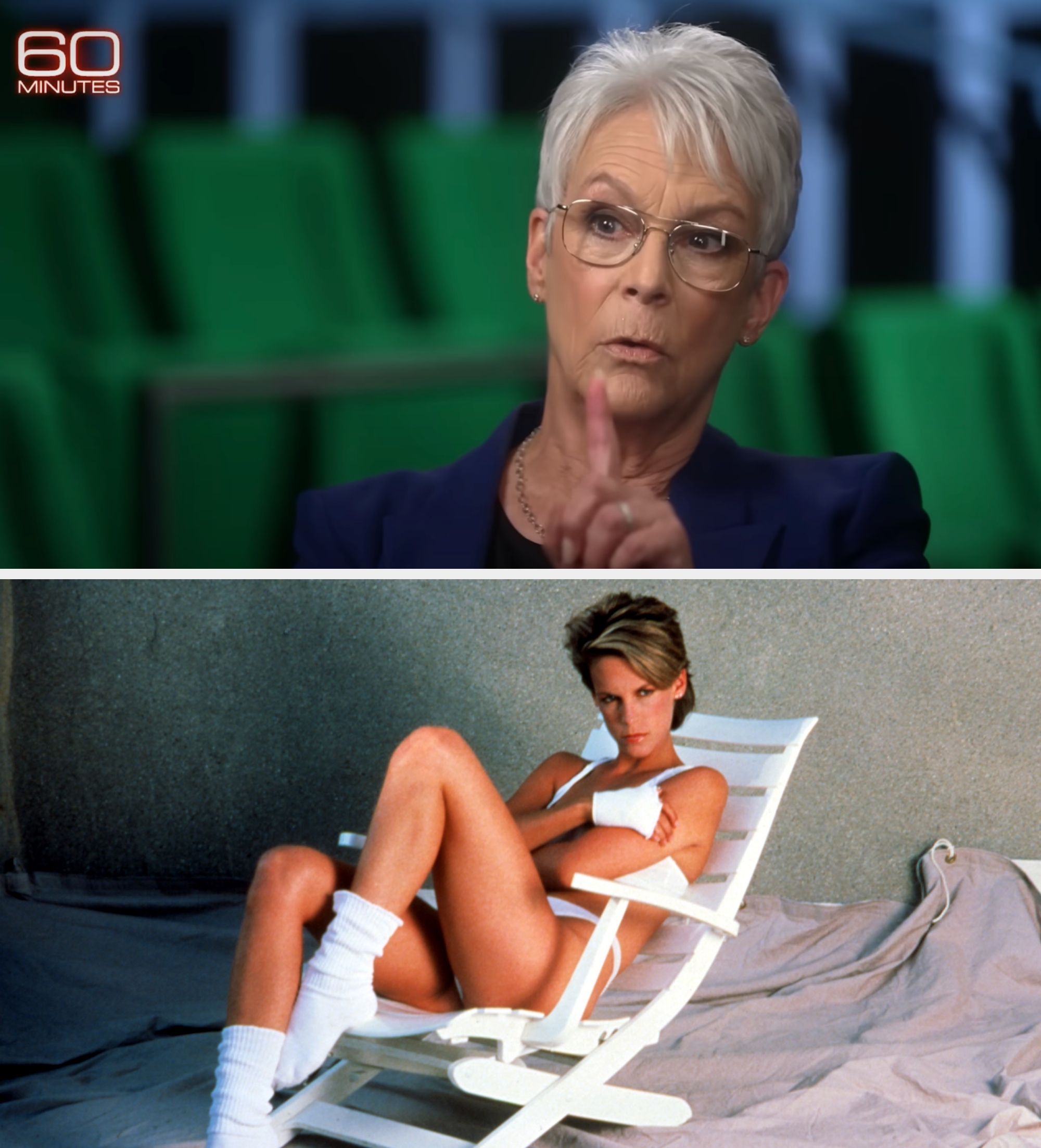 Woman sitting on a white lounge chair, wearing a white swimsuit and accessories, posing confidently against a neutral background