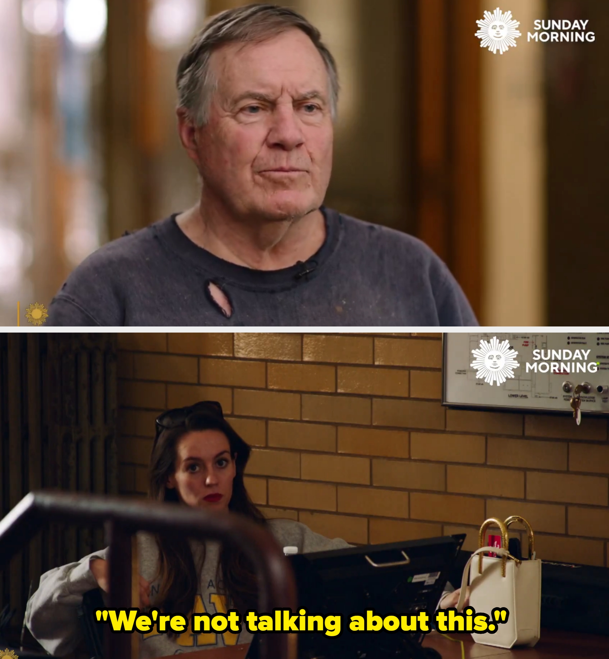 Two people in separate interviews on CBS Sunday Morning. The top person is wearing a distressed shirt, the bottom person is at a desk with bags