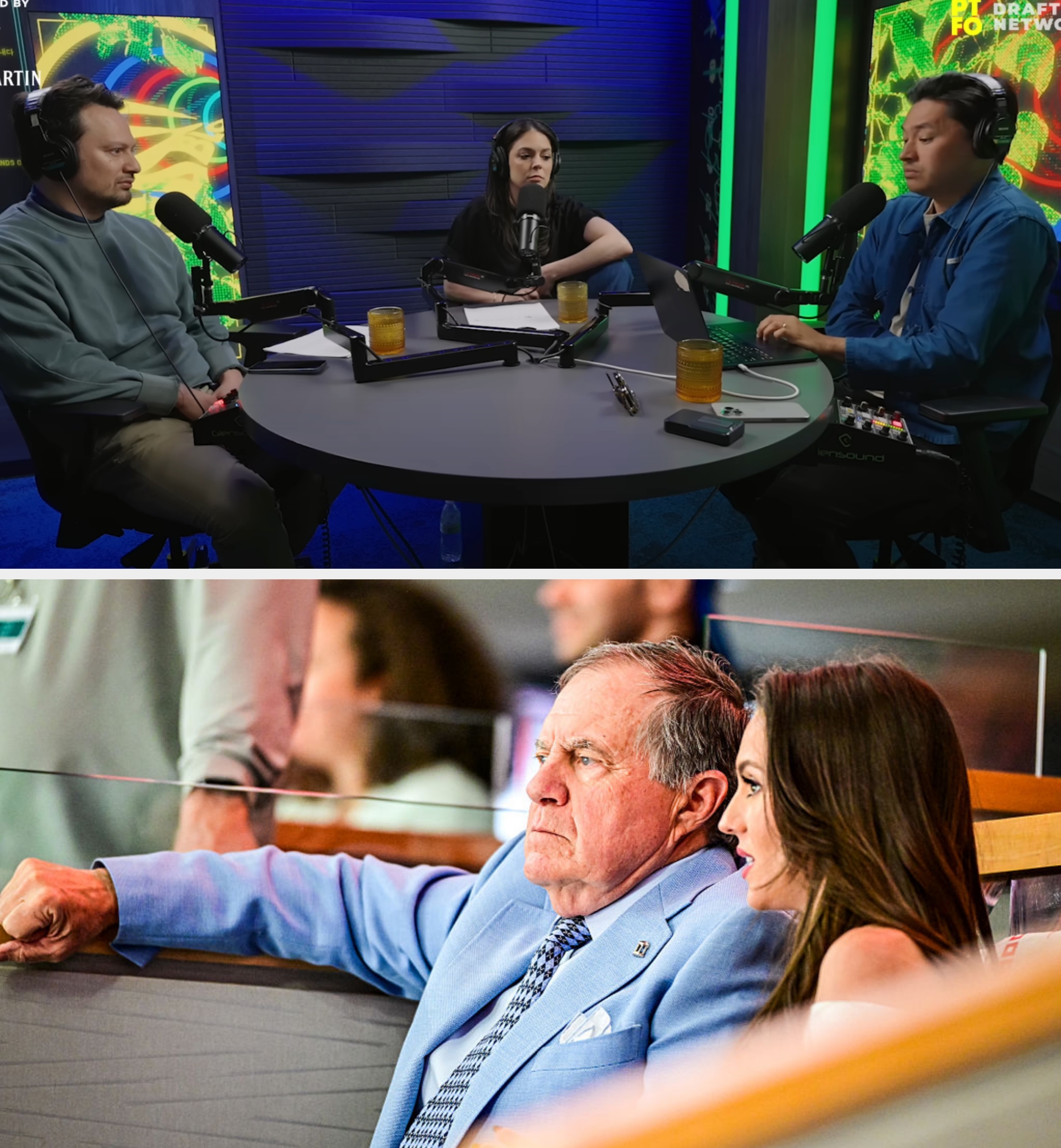Three podcast hosts sit at a round table with microphones, engaged in discussion