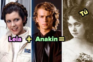 Montaje humorístico con personajes de películas, textualmente sugiriendo que la combinación de "Leia" y "Anakin" resulta en "Tú"