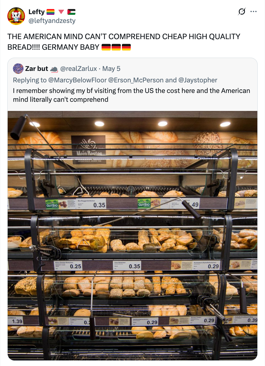 Tweet about American and German bread quality with a bakery display showcasing various types of bread
