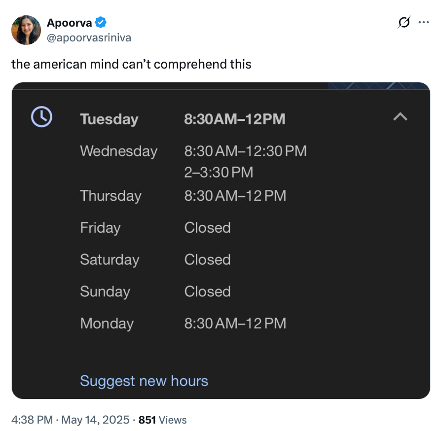 Tweet with a schedule showing varying opening hours, with commentary on the confusion it may cause