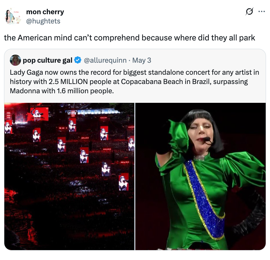 Tweet showing a photo of Lady Gaga performing in a green outfit on stage, celebrating a record-breaking concert in Brazil with 2.5 million attendees