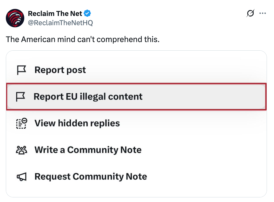 Menu showing options: Report post, Report EU illegal content, View hidden replies, Write a Community Note, Request Community Note