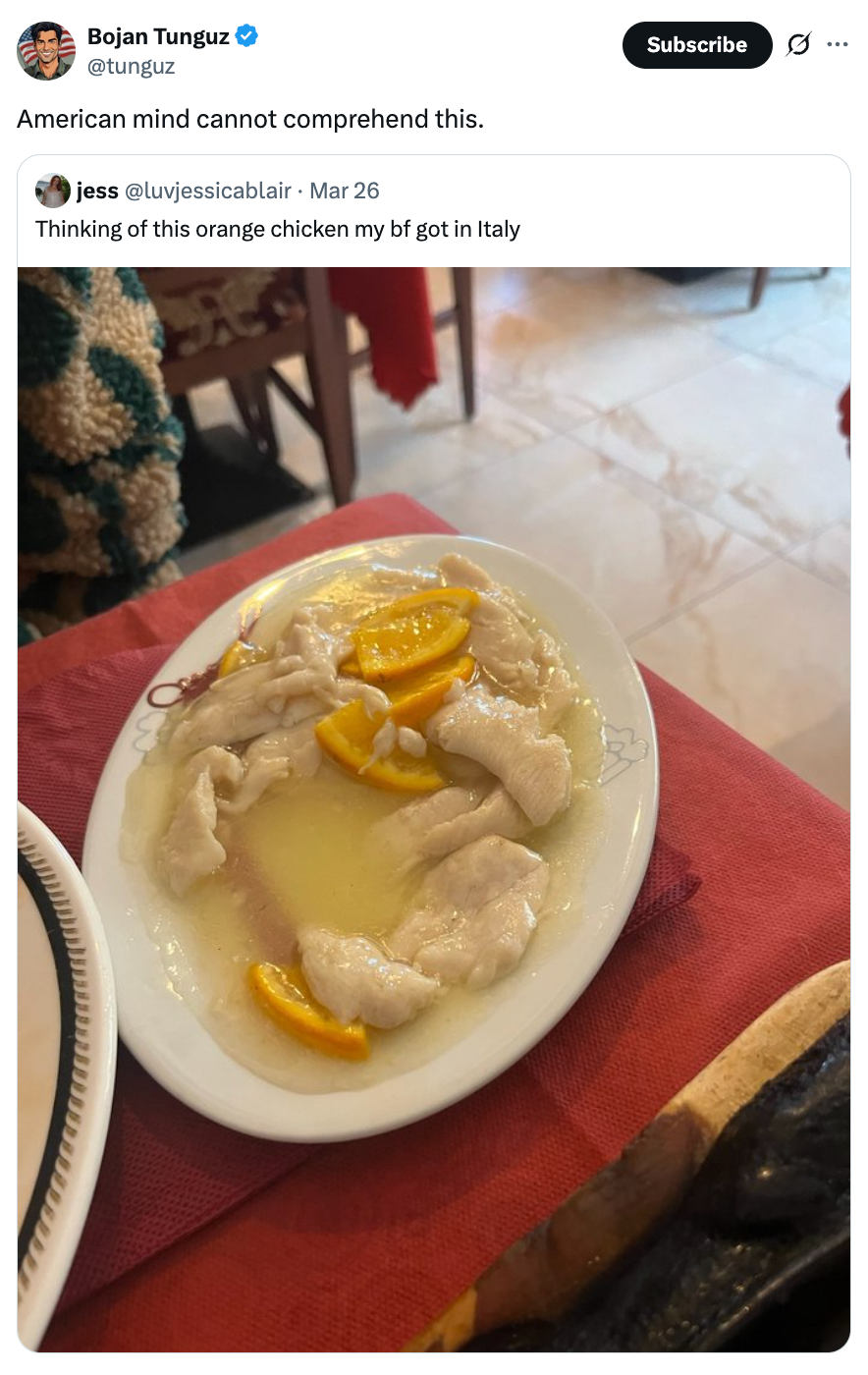 A plate of chicken with orange slices in light sauce, captioned "Thinking of this orange chicken my bf got in Italy."