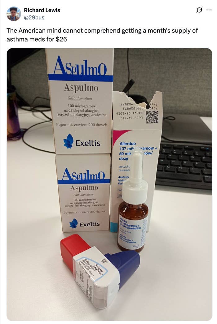 Asthma medicine packages and inhaler are displayed, highlighting affordability of a month's proviso for $26, referencing American healthcare costs