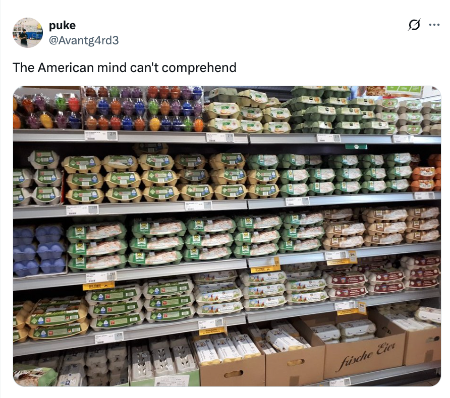 Grocery store shelf filled with various brands and packaging of eggs. Tweet text reads: "The American mind can't comprehend."
