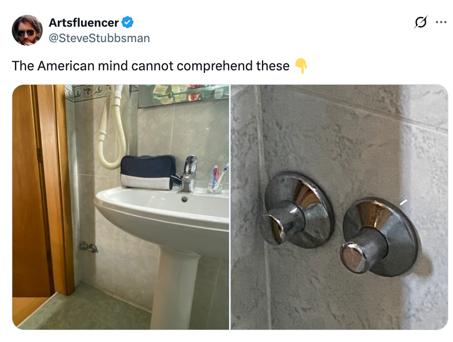 Bathroom with a bidet hose and a sink; two bidet control knobs close-up on the right