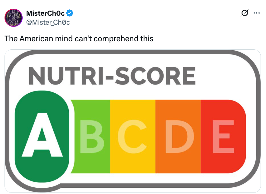 Tweet by MisterCh0c with an image of the Nutri-Score label showing a scale from A to E, implying confusion about its meaning
