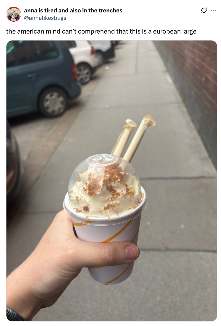 A hand holds a large milkshake topped with crumbles and two wafer sticks. A caption notes the drink's size as surprisingly large for a European serving