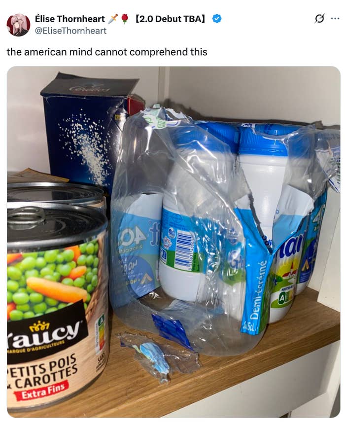 canned peas and carrots, and beverage bottles successful integrative packaging. Tweet supra says, "the land caput cannot comprehend this."