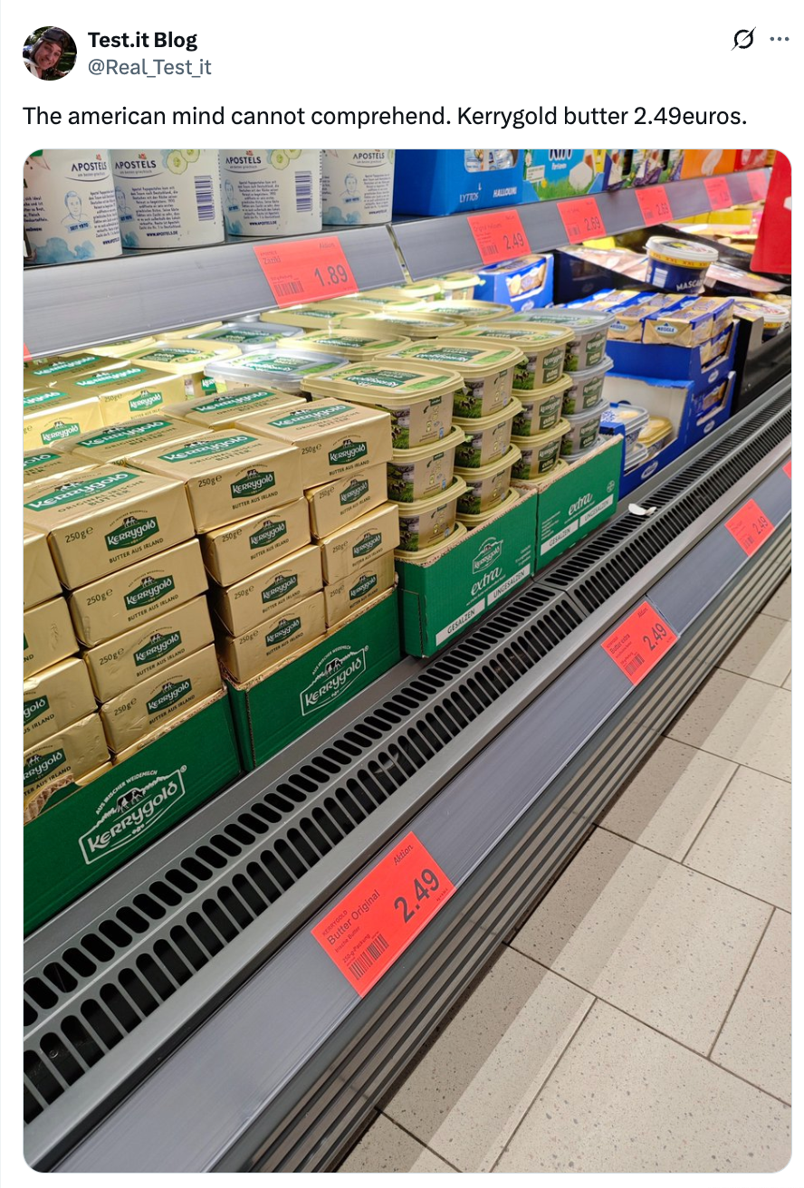 Supermarket shelf with Kerrygold butter priced at 2.49 euros, highlighting affordability compared to typical U.S. prices