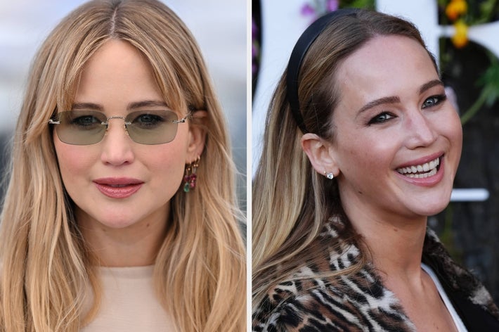 Left: Person with sunglasses, long hair, and earrings. Right: Same person, smiling, wearing a headband and leopard-print clothing