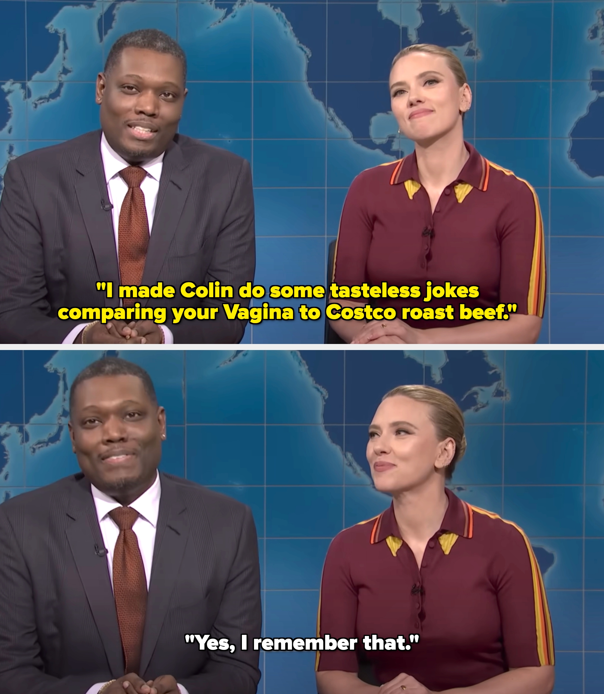 Two people on a talk show set, one in a suit and tie, the other in a collared dress with striped accents, both smiling slightly