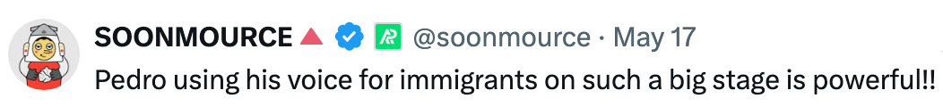 Tweet praising Pedro for advocating for immigrants on a significant platform