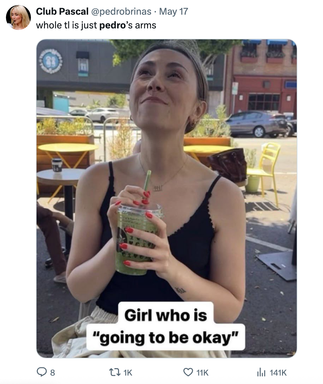 Woman outdoors holding a drink, gazing upward with a content expression. Caption humorously notes she'll be "going to be okay."