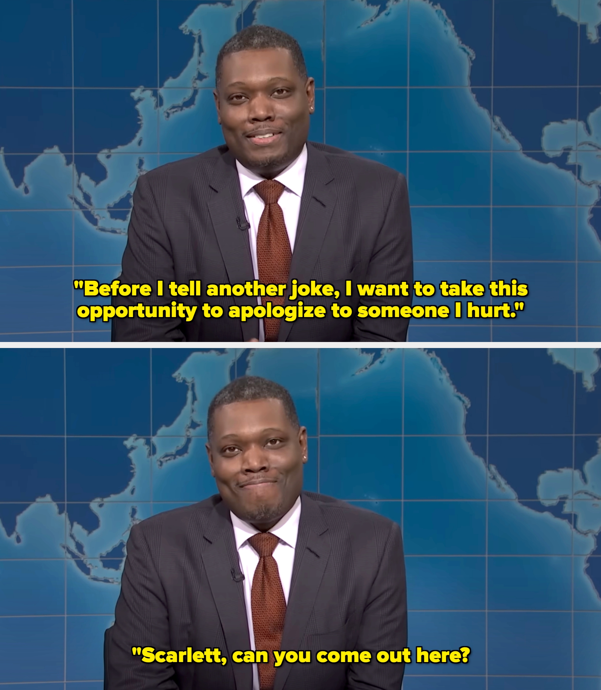 A man in a suit and tie stands in front of a world map background, appearing to deliver news on a show