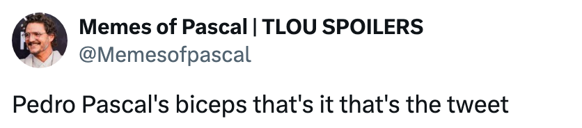 Meme tweet praising Pedro Pascal's biceps, humorously indicating no further elaboration is needed