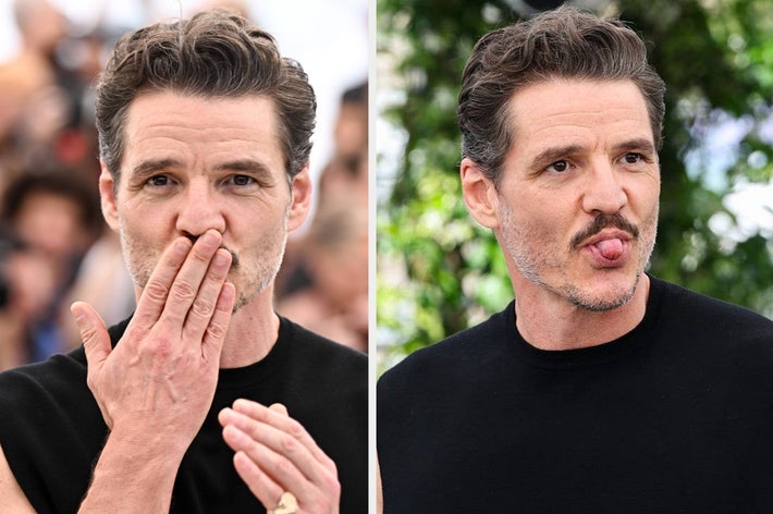 Person in two candid moments: blowing a kiss on the left, playful expression with tongue out on the right, wearing casual black attire