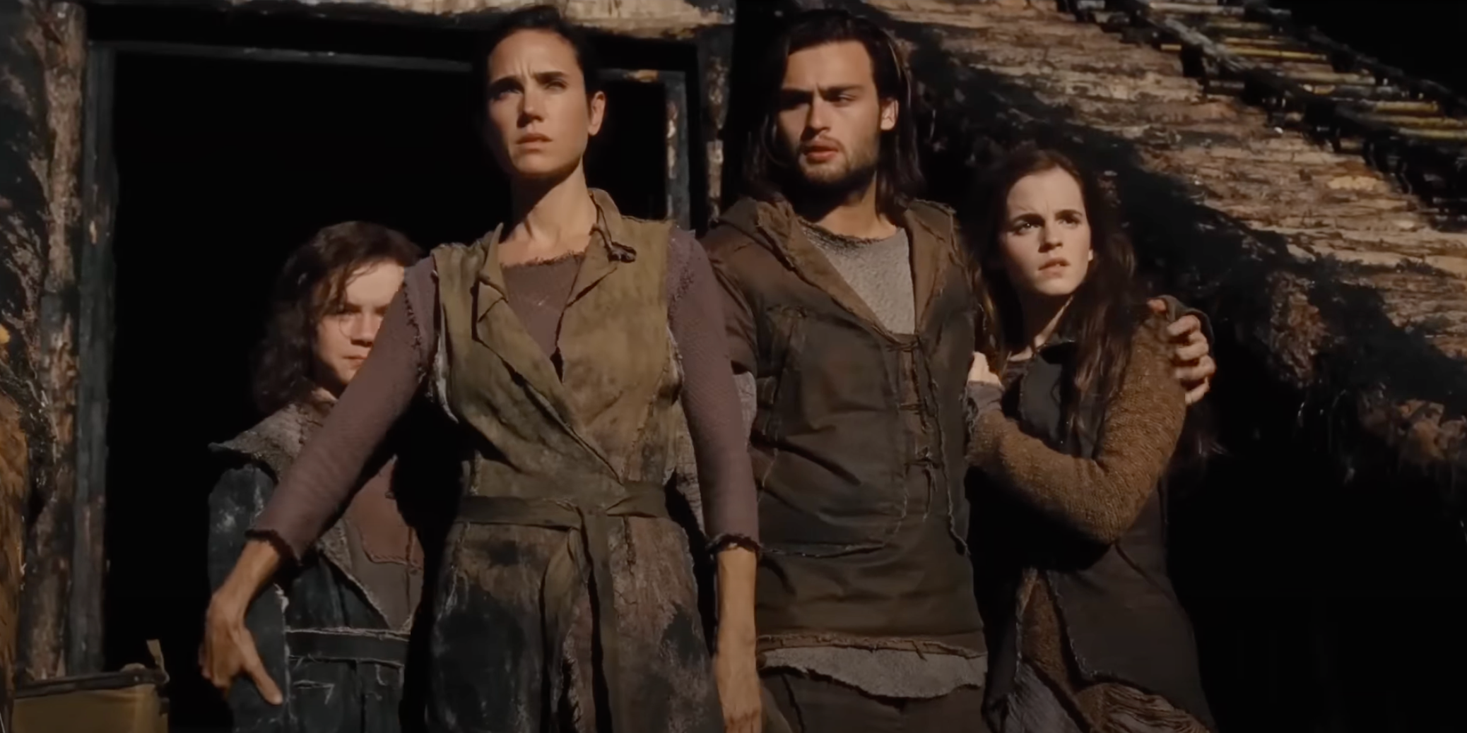 Jennifer Connelly and Douglas Booth stand in front of Leo McHugh Carroll and Emma Watson in a scene from &quot;Noah&quot;