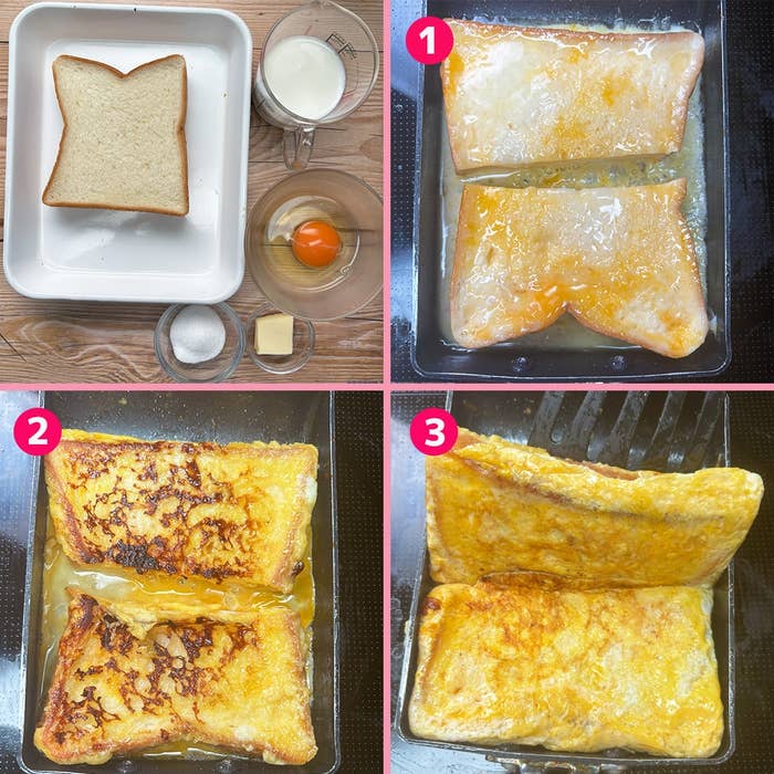 4コマ漫画形式でフレンチトーストの作り方を説明。パン、卵、牛乳を揃え、浸して焼く手順を示しています。