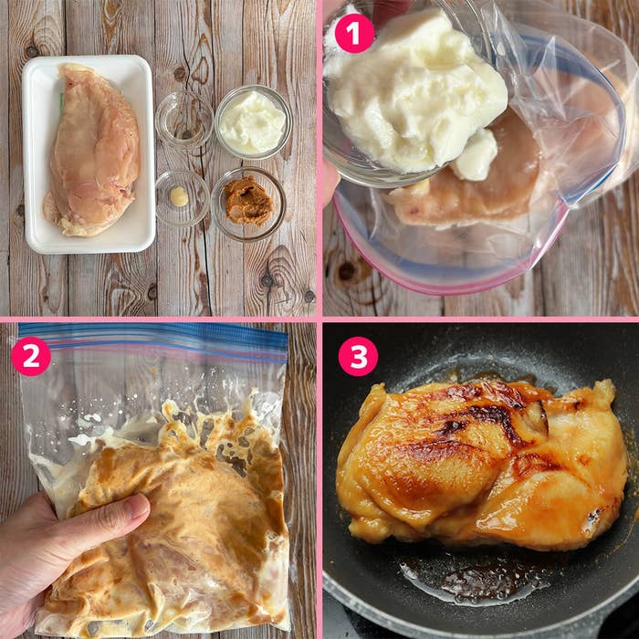 鶏胸肉をヨーグルトでマリネし、フライパンで焼く料理のステップを示した3コマの画像。