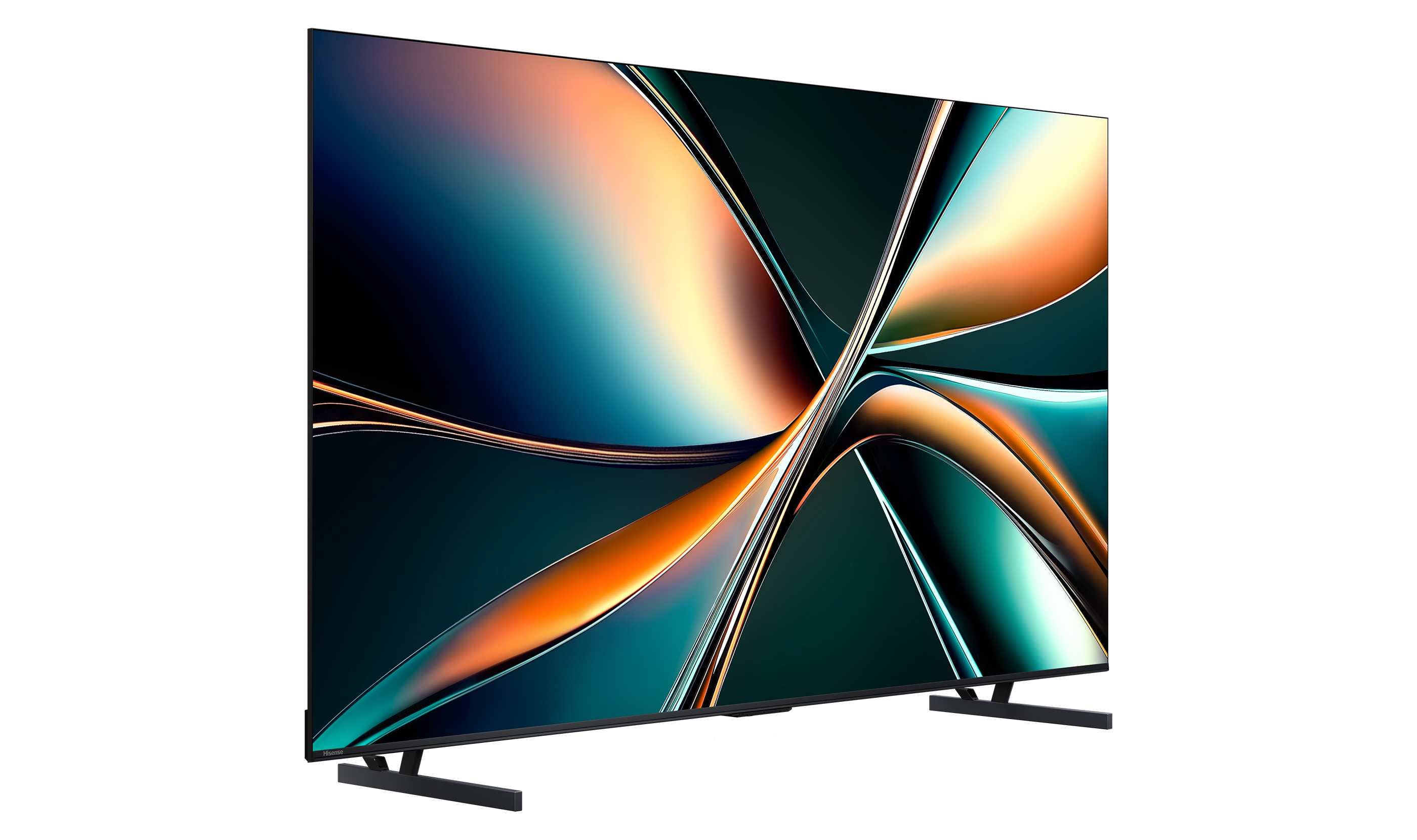 Modern flat-screen TV with abstract pattern on display, showcasing sleek design and thin bezels on minimalist stand