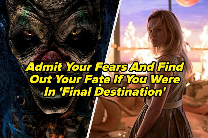 A split image with a sinister clown on the left and a tense scene with a person looking back amid flames on the right. Text asks about a dire fate