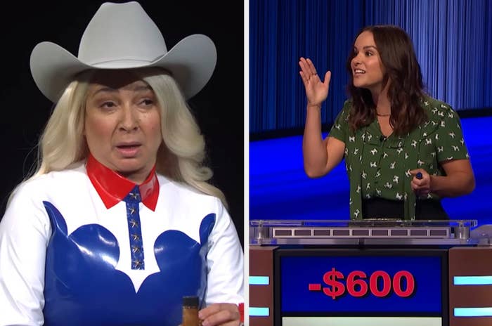 Two women in television scenes; one in a cowboy hat and Western outfit, the other gesturing on a quiz show with a negative score