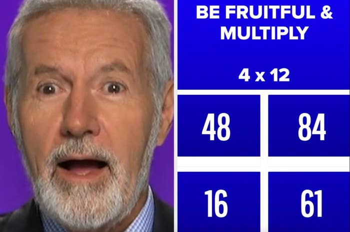 A shocked man appears beside a blue game board displaying &quot;4 x 12&quot; and options: 48, 84, 16, 61. Heading reads &quot;BE FRUITFUL &amp;amp; MULTIPLY&quot;
