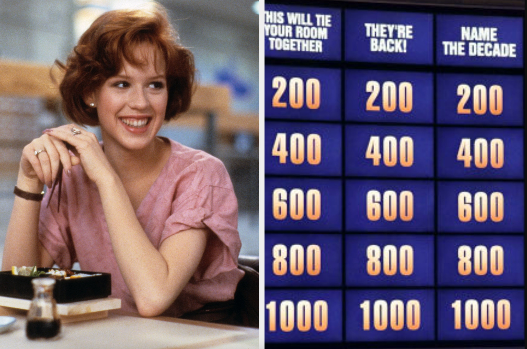Person smiling while seated next to a sushi meal; next to them, a &quot;Jeopardy!&quot; board displays various categories and dollar amounts