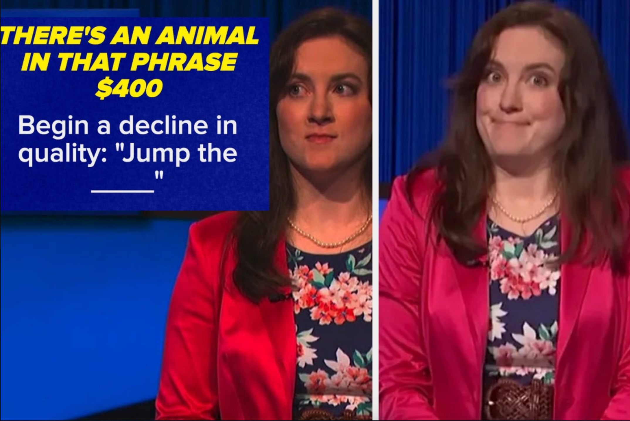 Woman on a game show contemplates a clue about a phrase with &quot;jump the ____,&quot; wearing a floral dress under a red blazer
