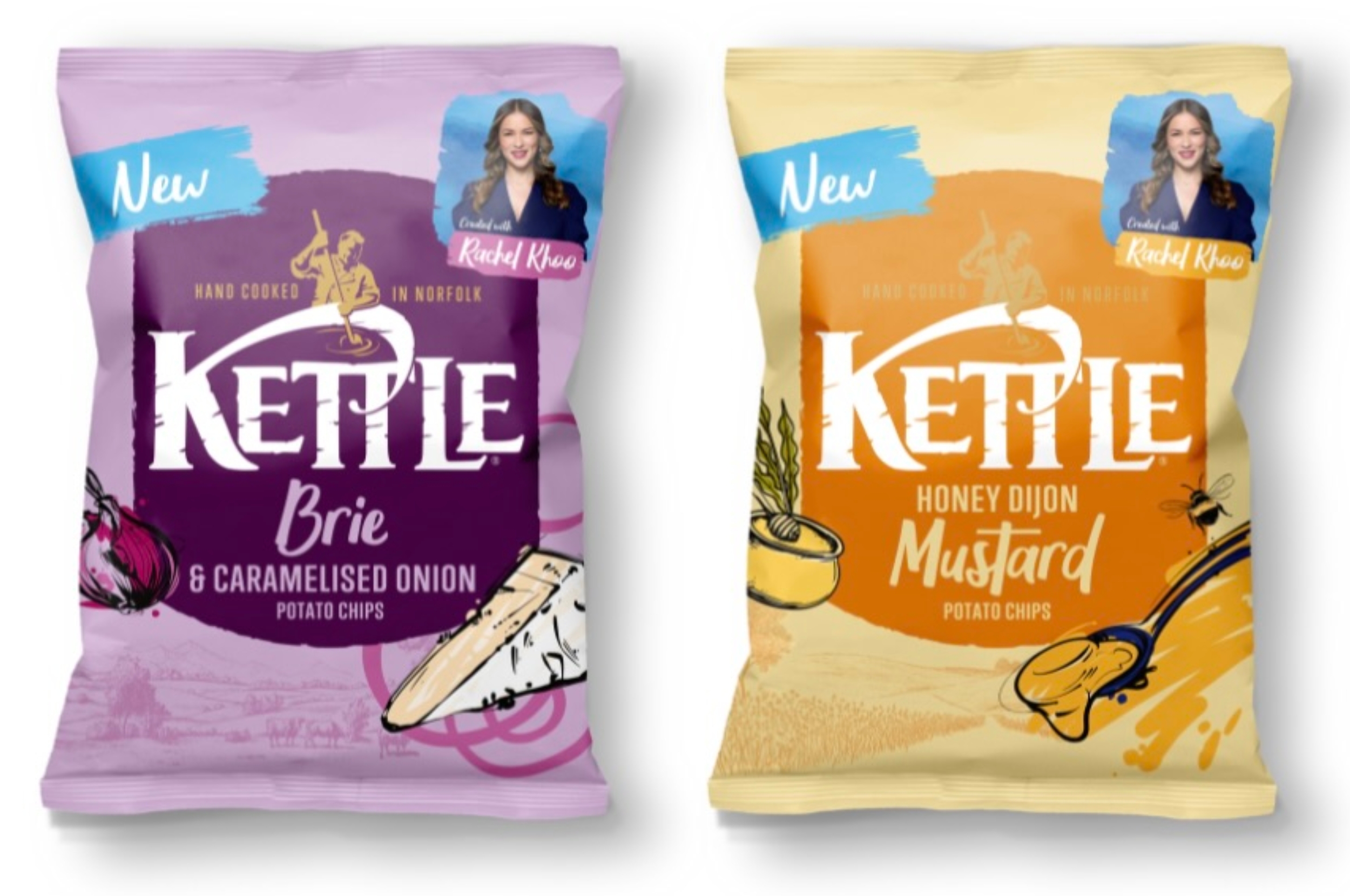 Two Kettle chip bags: Brie & Caramelised Onion flavor and Honey Dijon Mustard flavor. Featured image of a chef on each package